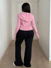 Maweii 大码女式性感连帽长袖束腰卫衣及喇叭裤两件套，弹力舒适，休闲街头风，日常穿着，撞色设计 - 彩色 - 查看 2