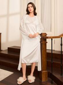 Moireta 2件套女士优雅性感无袖雪纺睡裙及腰带睡袍秋冬装 - 白色 - 查看 6