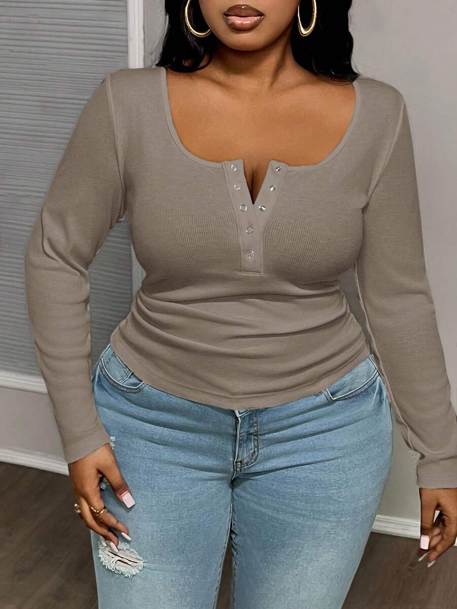 Slaydiva 大码休闲百搭白色修身深U领长袖T恤-C - 淺灰色 - 查看 1