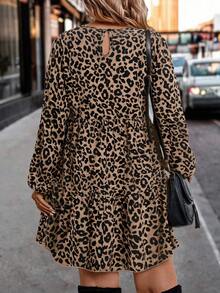 EMERY ROSE Plus-Size Women's Woven Print Casual Commuting Autumn Dress - Brown - View 2