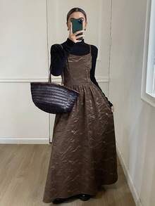DAZY 女式纯色修身PU吊带裙，优雅长裙，适合秋冬 - 棕色 - 查看 4