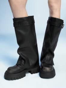 Sugerpunk Giày bốt Punk Rock màu đen dành cho nữ có khóa thắt lưng, kiểu tất ống, đế dày gót nêm, giày bốt Gothic - màu nâu - Xem 3