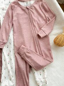 Babygirl Cute Casual Knitted Ditsy Floral Stretchy Pink Long Sleeve Jumpsuit Bodysuit Loungewear