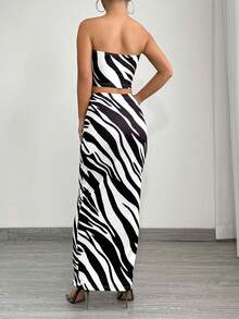 SHEIN SXY 2pcs Women Summer Fashionable Zebra Print Tube Top And Bodycon Skirt Set - Black and White - View 2