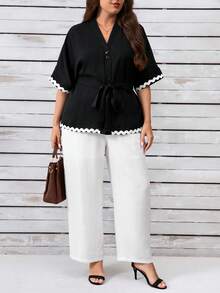 EMERY ROSE Elegant & Comfortable Plus Size Women 2 Pieces Set With Contrast Trim, Everyday Wear - Black and White - View 3