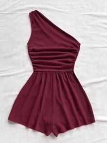 Soleia Combinaison casual à manches courtes et froncée pour femmes grandes tailles, convient pour les vacances, automne/hiver - Rouge foncé - Voir 2