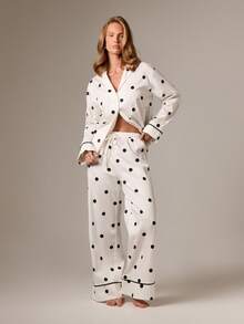 AiiRZ 女士波尔卡圆点纽扣前睡衣套装长袖睡衣家居服睡衣两件套裤子套装 - 黑與白 - 查看 5