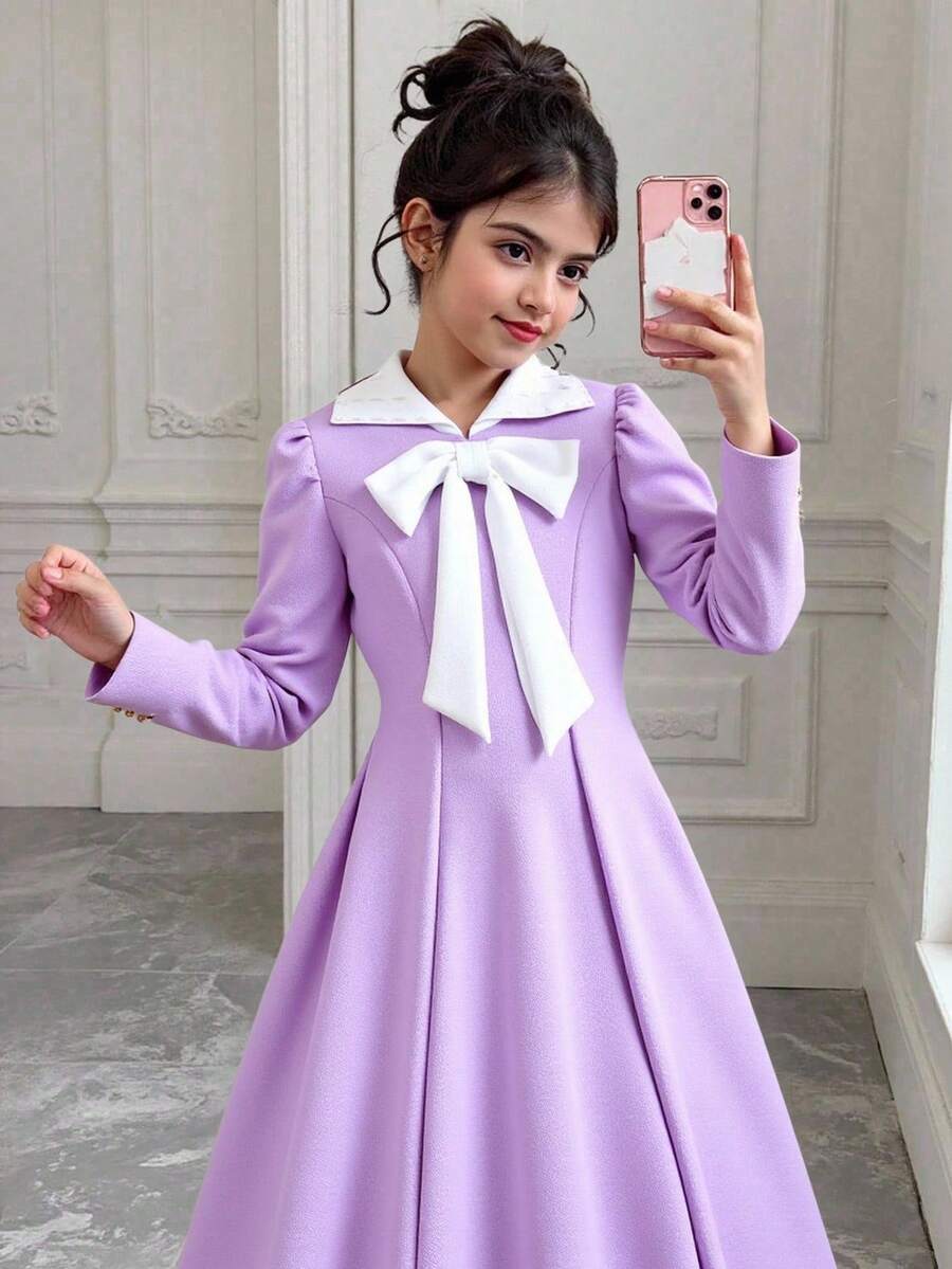 Váy thắt eo trang trí nơ thanh lịch cho bé gái tuổi mới lớn - Màu tím hoa cà - Xem 1