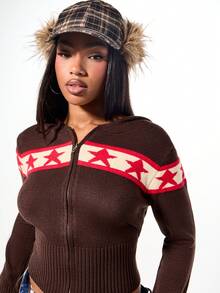 SUMWON WOMEN 连帽拉链针织开衫，星形图案，罗纹腰带，短款剪裁 - 彩色 - 查看 1