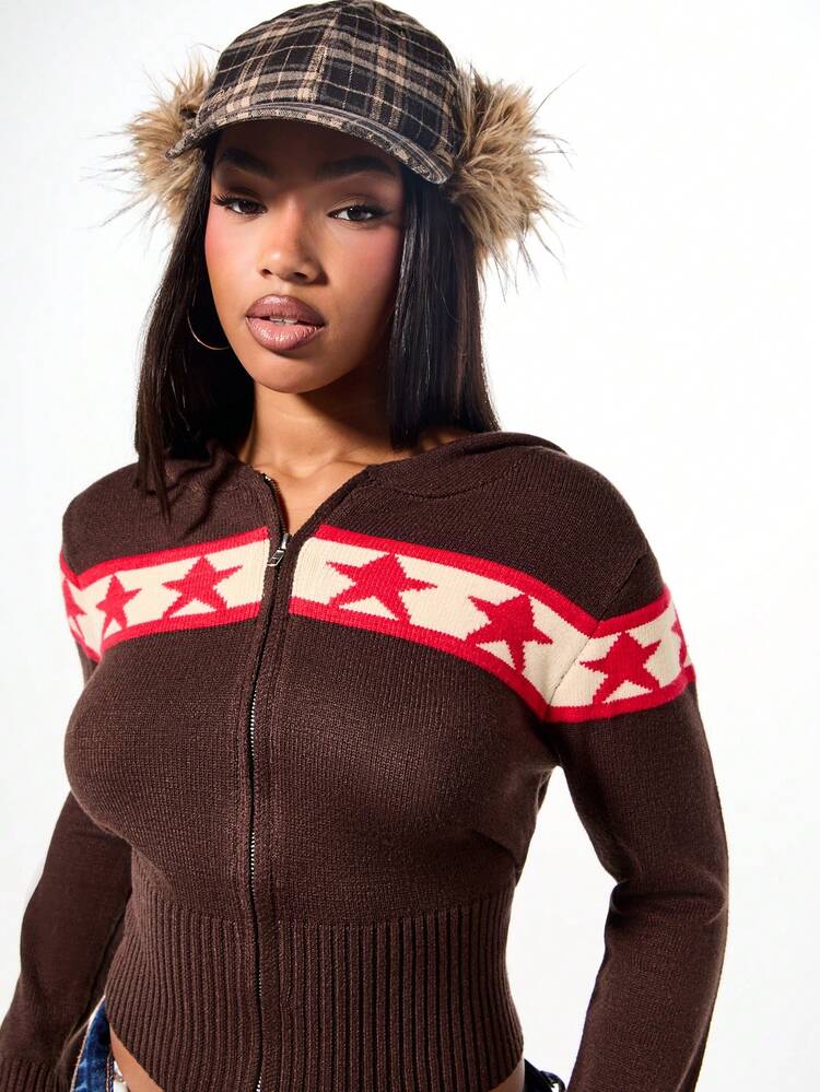 SUMWON WOMEN Hooded Zip Cardigan With Star Pattern