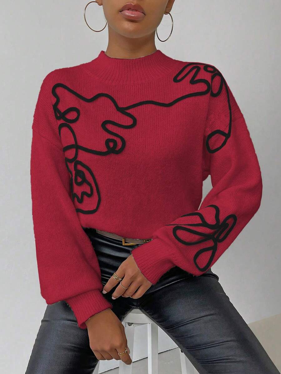 SHEIN LUNE 女式纹理落肩长袖休闲宽松针织毛衣,秋冬 - 酒紅色 - 查看 1