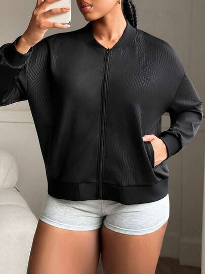 Rhythm Era Chaqueta bomber negra con cuello alto, textura lisa y cremallera, chaqueta deportiva activa y transpirable, ropa de gimnasio