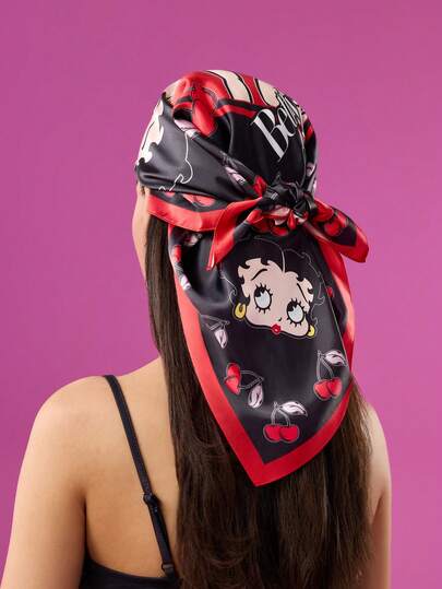 Betty Boop x SHEIN Fashion Lady Black Smooth Soft Satin Square Scarf Cherry Print Scarf, Suitable For Gifts Outdoor Travel Photography Style