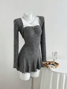 Elamini 2 件套女士秋冬时尚外套柔软拉绒罗纹面料长袖上衣和褶皱腰迷你连衣裙套装，适合外出和派对