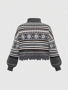 ROMWE Kawaii Christmas Crew Neck Snowflake Pattern Distressed Hem Plus Size Women Puff Sleeve Sweater - Grey - View 2