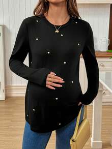 SHEIN Áo thun dài tay rộng rãi in hình trái tim cho bà bầu - màu đen - Xem 3