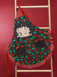 Betty Boop x SHEIN 1pc Cherry Print Apron, Cute Bow Pocket Design, Comfortable And Soft, A Must-Have For Kitchen Baking,Gift Ideas,Party,Holiday,Valentine's Day - Black - View 2