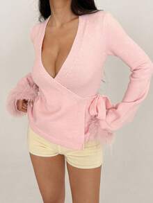 SHEIN MOOSTA Áo khoác len cardigan buộc dây màu trơn thời trang dành cho nữ, Thu/Đông - Hồng - Xem 7