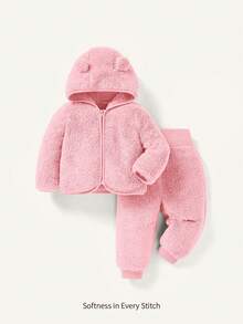 Cozy Pixies 2件套女婴连帽羊毛外套和厚裤子套装 - 粉色 - 查看 1