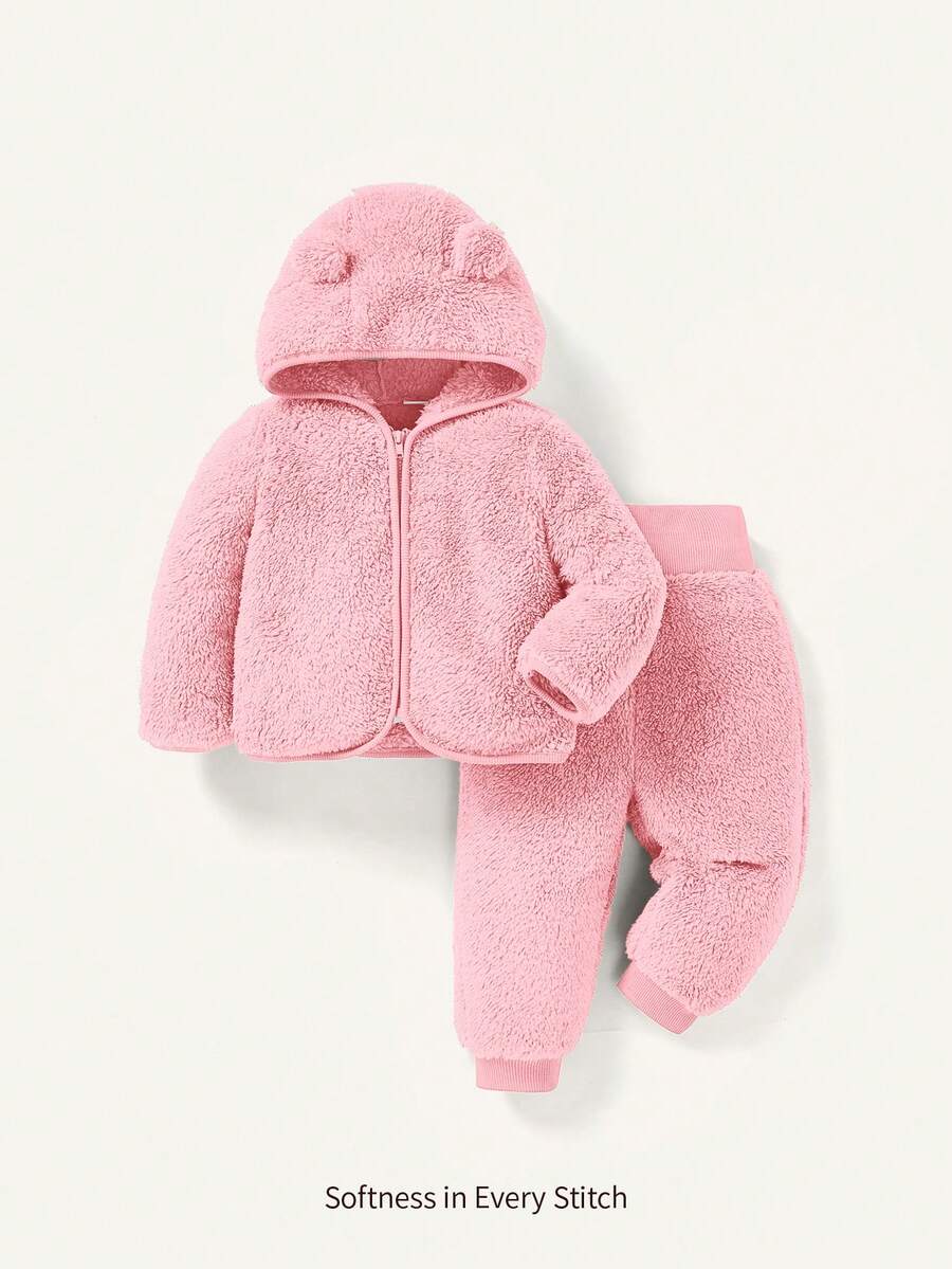 Cozy Pixies 2件套女婴连帽羊毛外套和厚裤子套装 - 粉色 - 查看 1
