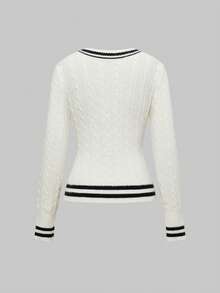 ROMWE Áo len dệt kim cổ chữ V dành cho nữ, áo dệt kim tay dài dáng ôm, họa tiết sọc nhiều màu, phong cách trẻ trung cho mùa thu - trắng - Xem 2