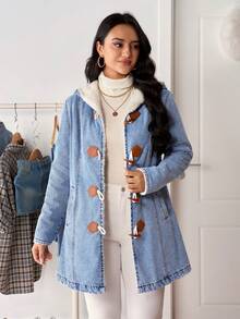 SHEIN Tall 女式浅蓝色牛角扣长袖牛仔夹克 - 藍色 - 查看 5