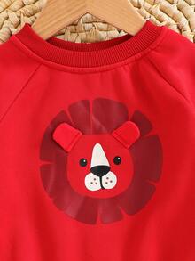 Cozy Pixies 男婴卡通狮子图案 3D 耳朵圆领插肩袖套头衫 - 紅色 - 查看 3