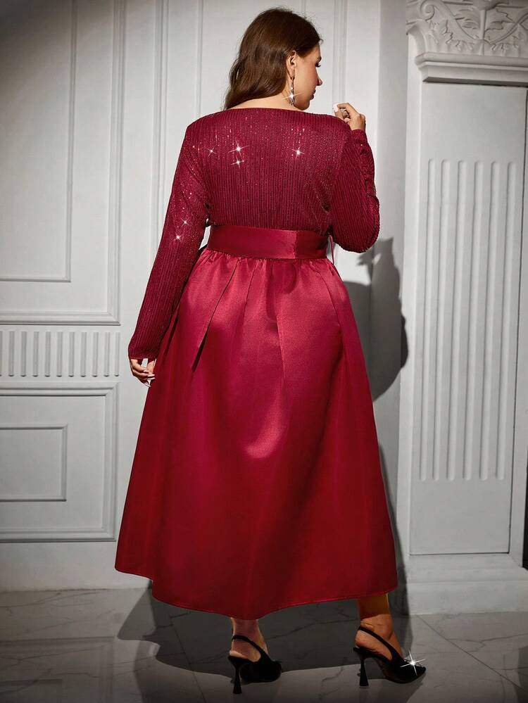 Plus Size Women's Party Surplice Neck Sequin Cinched Waist Waist Flared Hem Dress Fall Clothes For Women  Winter Clothes Plus Size Burgundy Dress Plus Size Satin Dress Long Sleeve Elegant Dress Curve Elegant Dress Plus Size Elegant Dress Christmas Women's Clothing  Christmas New Year Dress  Party Dress Elegant Dresses For Party Long Party Dresses Wedding Party Dress Evening Dress Chic Wedding Sequin Dress Winter Clothes For Women Cozy Fall And Winter Clothes For Women  Elegant Dresses For Party