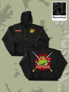 ROMWE MEN TEENAGE MUTANT NINJA TURTLES X ROMWE Felpa con cappuccio casual da uomo con chiusura lampo e motivo a cartoni animati, colore nero, adatta per autunno/inverno