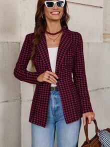 SHEIN Clasi 女款千鳥格收腰西裝外套 秋冬款 - 中紫紅色 - 查看 8