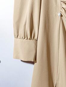 Franclia 女式优雅纯色褶皱圆领灯笼袖连衣裙，秋季 - 杏色 - 查看 5