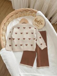 SHEIN Baby Girl Heart Pattern Long Sleeve Button-Up Knit Cardigan And Knit Pants Set Autumn Winter Clothes For Women
