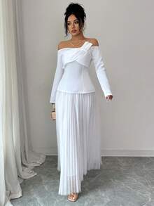 Modelyn French Design Off-Shoulder Top & Mesh Skirt 2-Piece Dress Set For Women