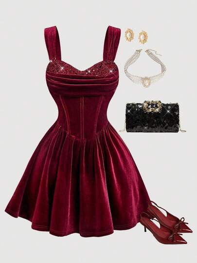 SHEIN MOD Vestido sin mangas de terciopelo burdeos y parches de lentejuelas de talla grande, vestido de fiesta formal