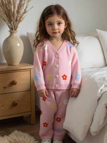 SHEIN 2pcs Baby Girls Floral Print Knit Cardigan Sweater And Wide Leg Pants Set, Casual, Comfortable, Versatile, Suitable For Everyday Wear, Autumn/Winter - Pink - View 4