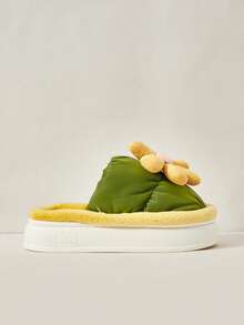 Cuccoo Sunflower Decor Colorblock Plush Slippers, Suitable For Indoor Wear In Autumn And Winter For Christmas And New Year Holiday Vibe Fall And Winter - Green - View 2