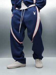 PLAYBOY X SUMWON Bunny Wide Leg Navy Sweatpants With Contrast Stripe Detail Casual Drawstring Joggers - Blue and White - View 5