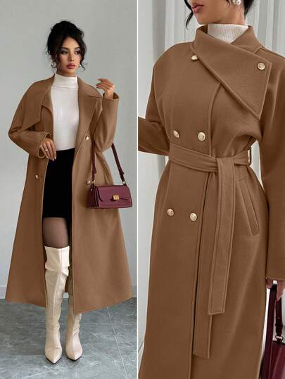 Elenzga Abrigo largo elegante de doble botonadura de unicolor y manga larga para mujer, otoño/invierno