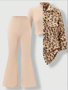 SHEIN Explorewe 三件套少女装，杏色高领长袖上衣，天鹅绒豹纹时尚立体翻领装饰外套，喇叭裤 - 杏色 - 查看 2
