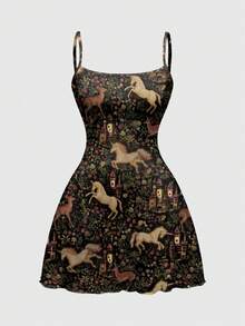 ROMWE Fairycore Dark Forest Mushroom Print Mini Dress For Women - Black - View 1