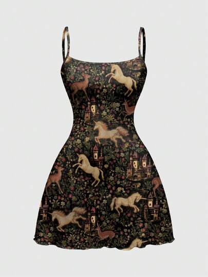 ROMWE Fairycore Mörk skogssvampstryck miniklänning för kvinnor