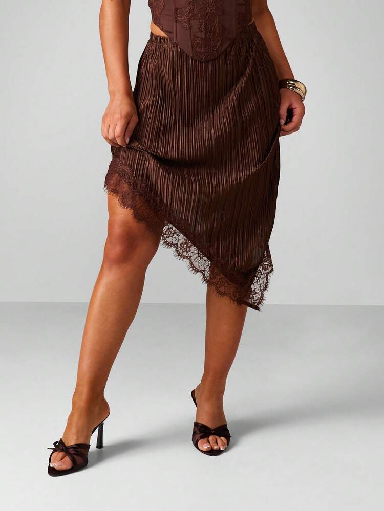 MISSGUIDED Plissierter Spitzenbesatz asymmetrischer Midi-Rock mit Seitenschlitz für Abendanlässe