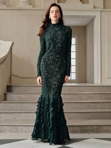 Anewsta Savoree Romantic Elegant High Neck High Waist Fitted Lace Dress, Suitable For Formal Occasions, Winter, Fall - Green - View 4