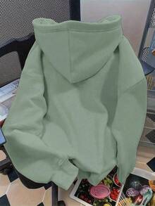 EMERY ROSE Plus Size Women's Sheep & Letter Slogan Graphic Print Casual Thermal Drawstring Sweatshirt Pullover Sweatshirt, Fall/Winter - Olive Green - View 2