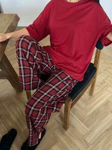 DAZY 休闲宽松格子上衣和裤子家居服红色睡衣休闲套装 - 紅色 - 查看 7