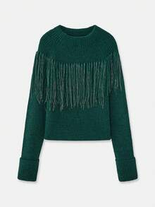 Maija Women's Green Fringe Knit Long Sleeve Sweater Autumn Winter Clothes For Women - Green - View 7