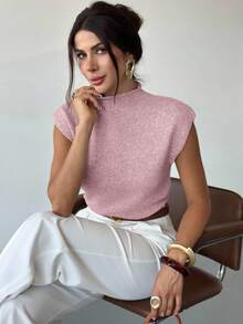 Firerie Elegant High Neck Loose Casual Versatile Sleeveless Knit Sweater Vest Going Out Tops Women,Tops For School In Fall/Winter - Pink - View 3