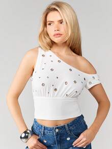 MISSGUIDED Trägerloses Crop Top mit Ösen und Metallösen, Sommer Festival Bluse - Weiss - Übersicht 1
