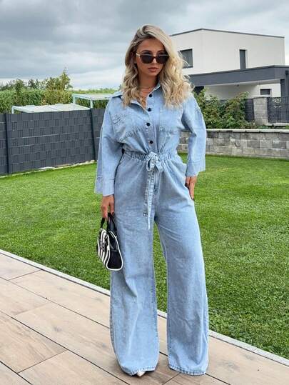 Jeta Ari Women's Casual Lightweight Denim Jumpsuit With Drawstring Waist, 3/4 Sleeve, Suitable For Urban Casual Wear, Office Outfit For Women, Autumn, Fall Women Clothes