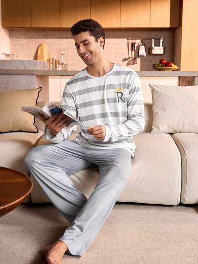 Manfinity Underwear&Sleepwear Basics 条纹圆领长袖纯色长裤加大码男士睡衣套装